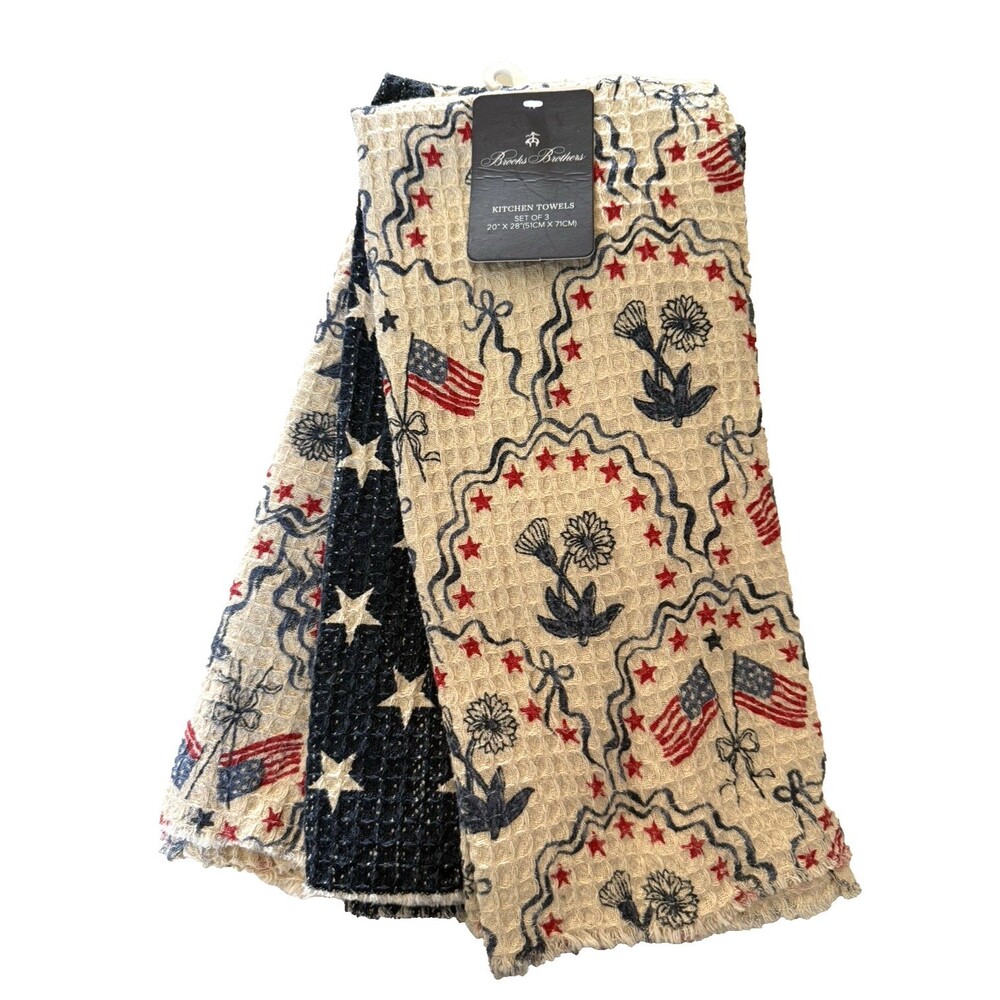 Brooks Brothers Kitchen Dish Towels July 4th Waffle Weave Set of 3 Flags Stars